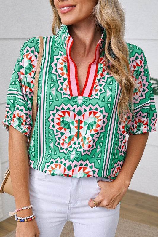 Green geo dolman blouse