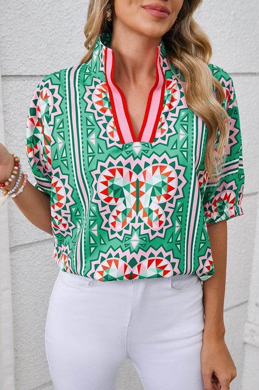 Green geo dolman blouse