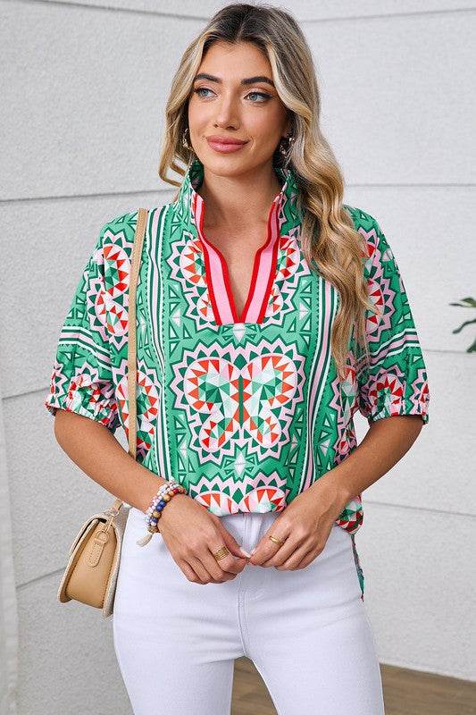 Green geo dolman blouse