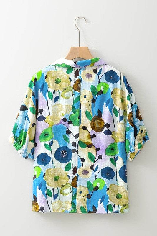 Floral dolman blue yellow blouse