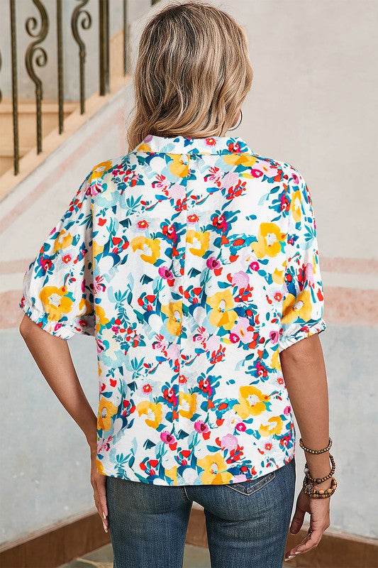 Floral dolman blue yellow blouse