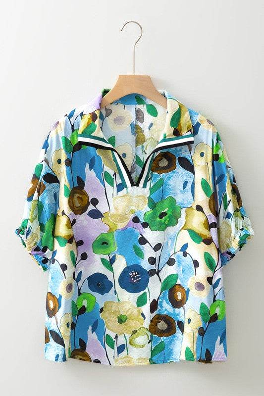 Floral dolman blue yellow blouse