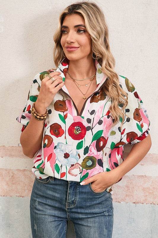 Floral dolman blue yellow blouse