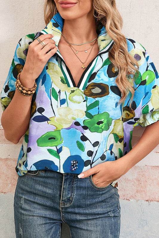 Floral dolman blue yellow blouse