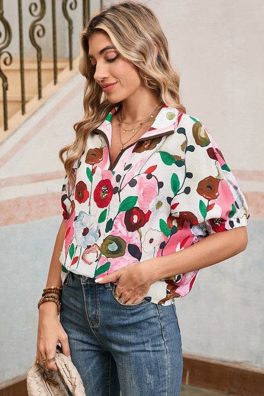 Floral dolman blue yellow blouse