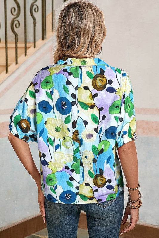 Floral dolman blue yellow blouse