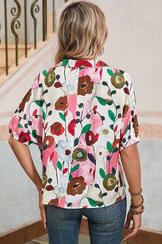 Floral dolman blue yellow blouse