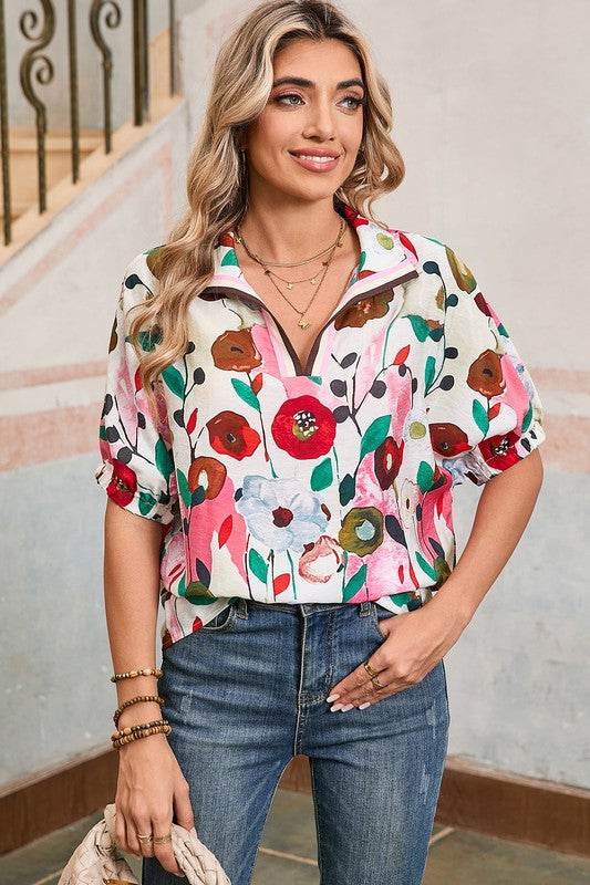 Floral dolman blue yellow blouse