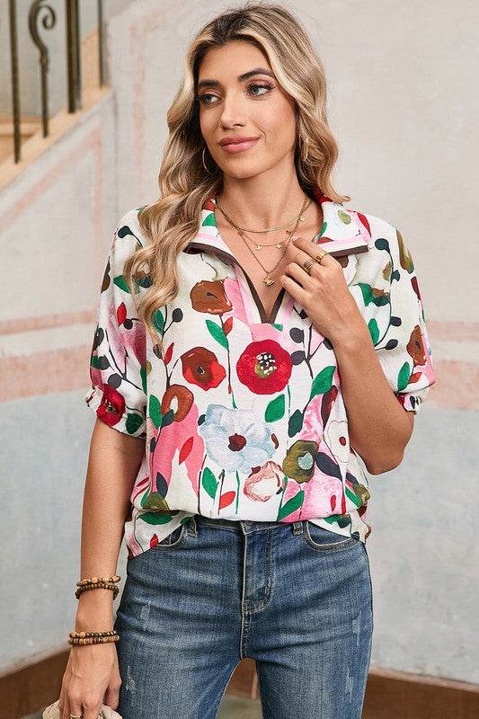 Floral dolman blue yellow blouse