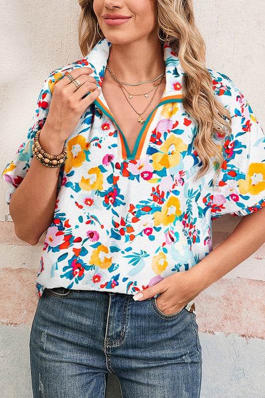 Floral dolman blue yellow blouse