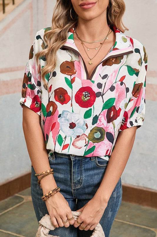 Floral dolman blue yellow blouse
