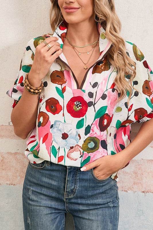 Floral dolman blue yellow blouse