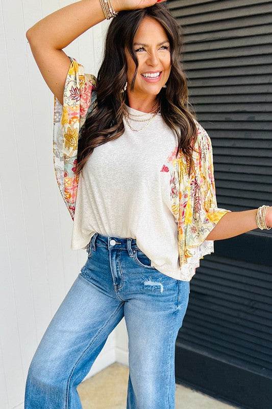 Cotton Beige Floral Patchwork Batwing Blouse