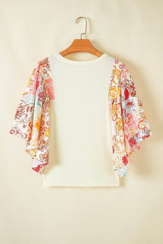 Cotton Beige Floral Patchwork Batwing Blouse