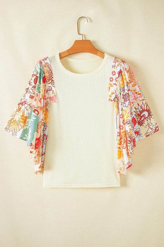 Cotton Beige Floral Patchwork Batwing Blouse