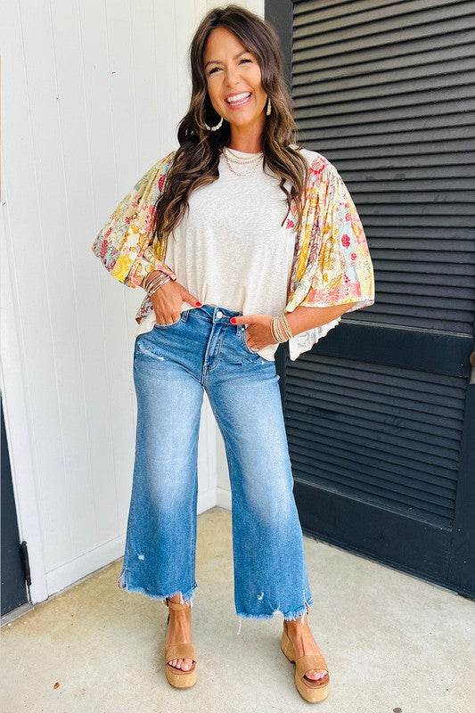 Cotton Beige Floral Patchwork Batwing Blouse