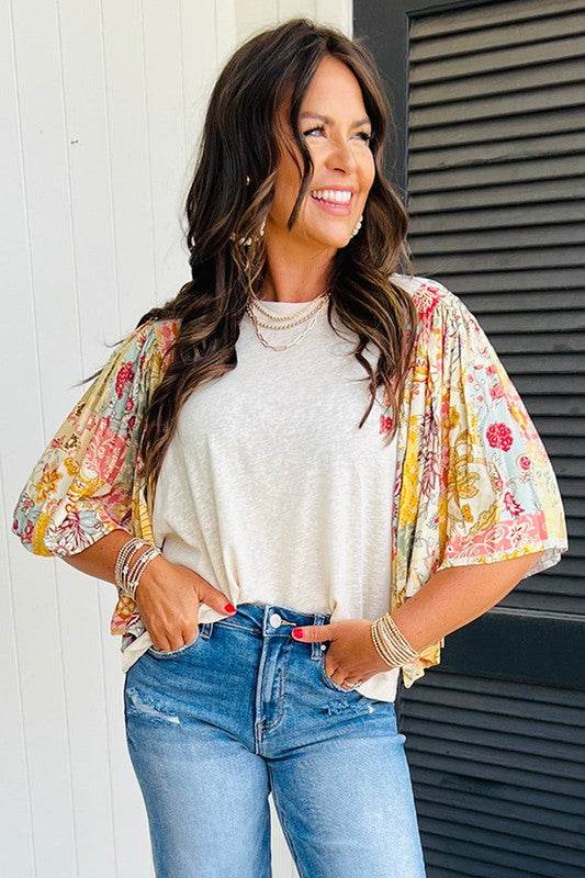Cotton Beige Floral Patchwork Batwing Blouse