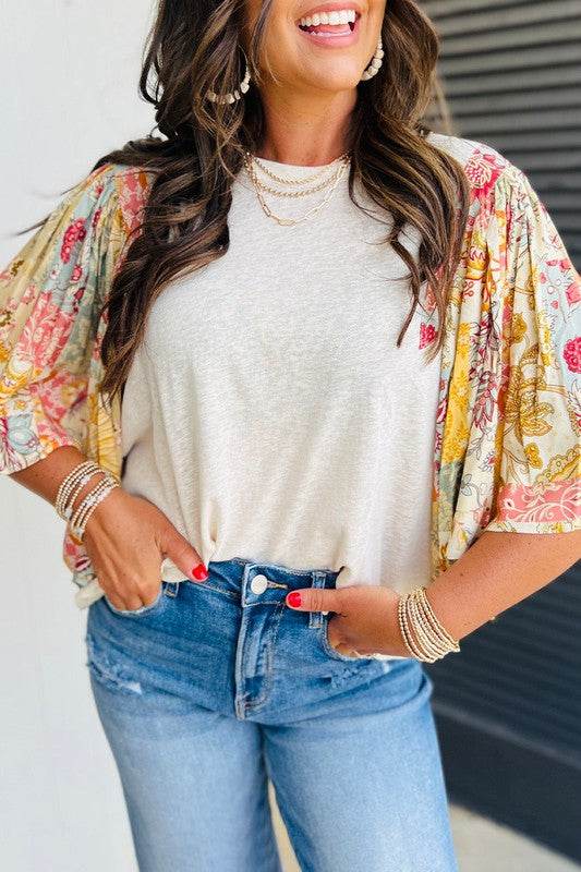Cotton Beige Floral Patchwork Batwing Blouse