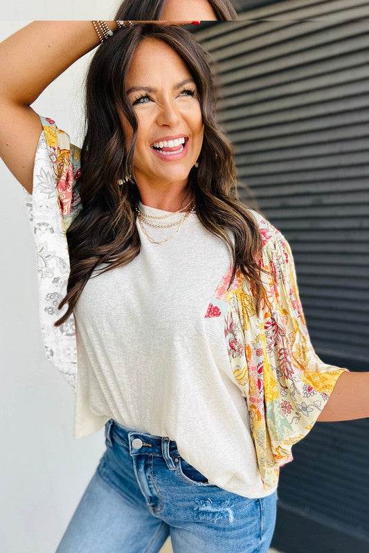 Cotton Beige Floral Patchwork Batwing Blouse