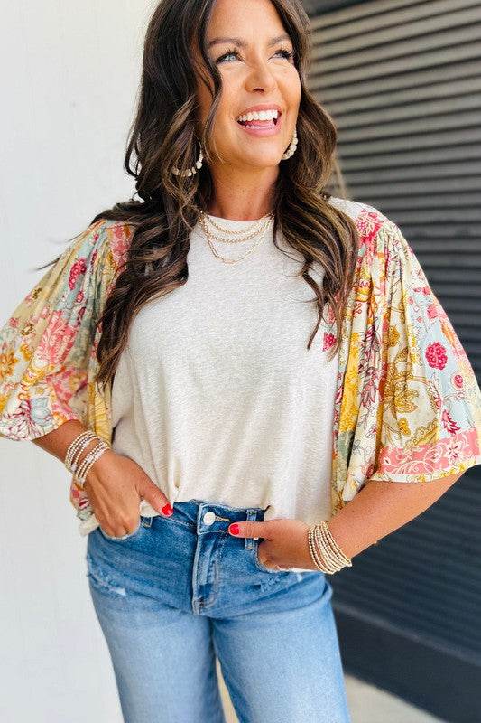Cotton Beige Floral Patchwork Batwing Blouse