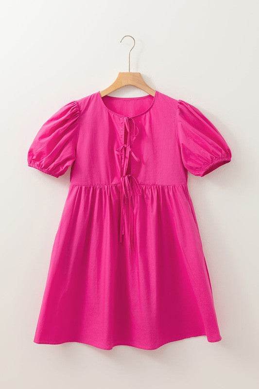 Bright Pink Tie Front Puff Sleeve Mini Dress