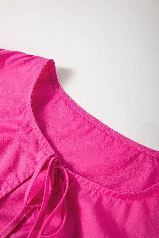 Bright Pink Tie Front Puff Sleeve Mini Dress