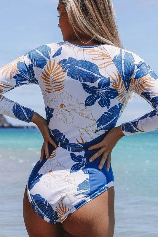 Blue Tropical LongSleeve OnePiece Surfing Swimsuit