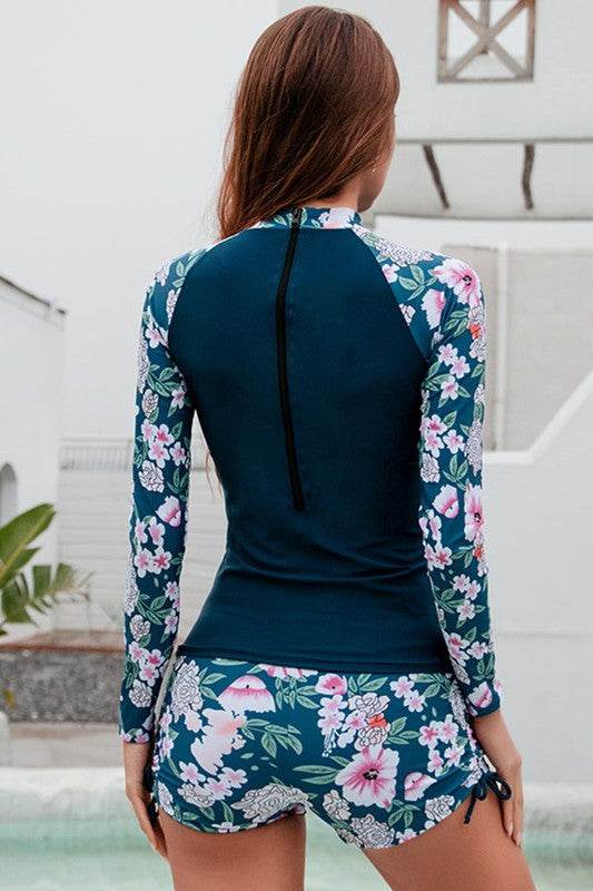 High Neck Zip Two Pieces Long Sleeve Swim Set