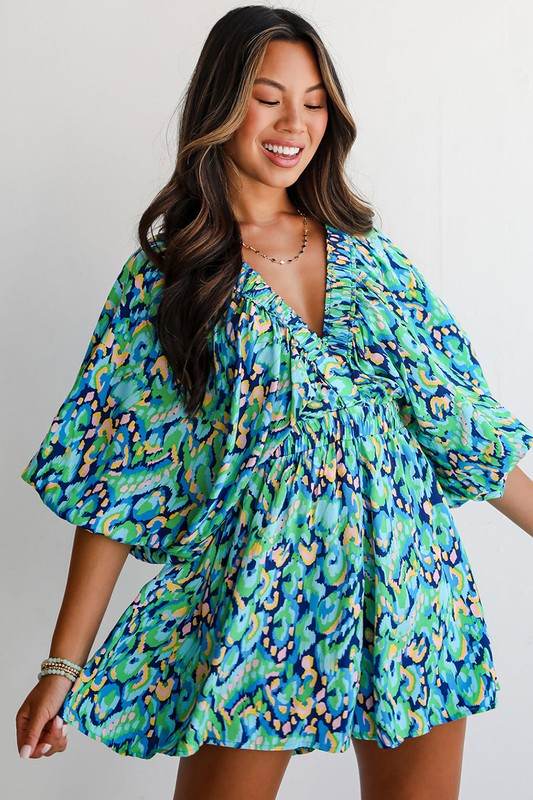 Puff Sleeve V Neck High Waist Romper