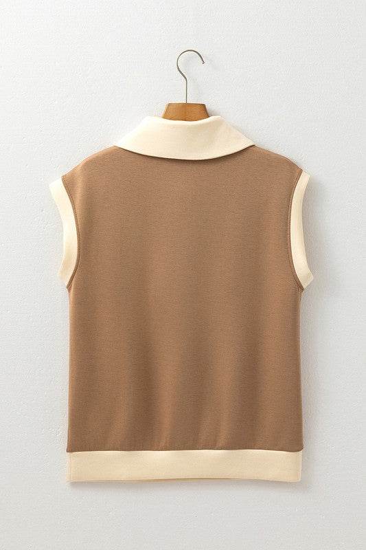 Half Zipper Collared Colorblock Short Sleeve Top