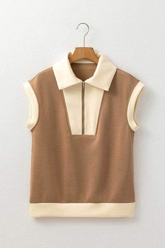 Half Zipper Collared Colorblock Short Sleeve Top