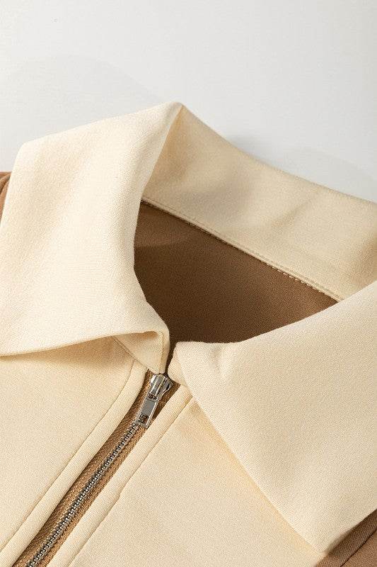 Half Zipper Collared Colorblock Short Sleeve Top