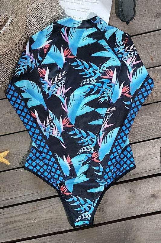 Leaf Printed Long Sleeve Half Zip UPF50 Rash Guard