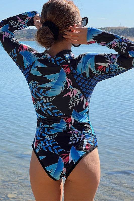 Leaf Printed Long Sleeve Half Zip UPF50 Rash Guard