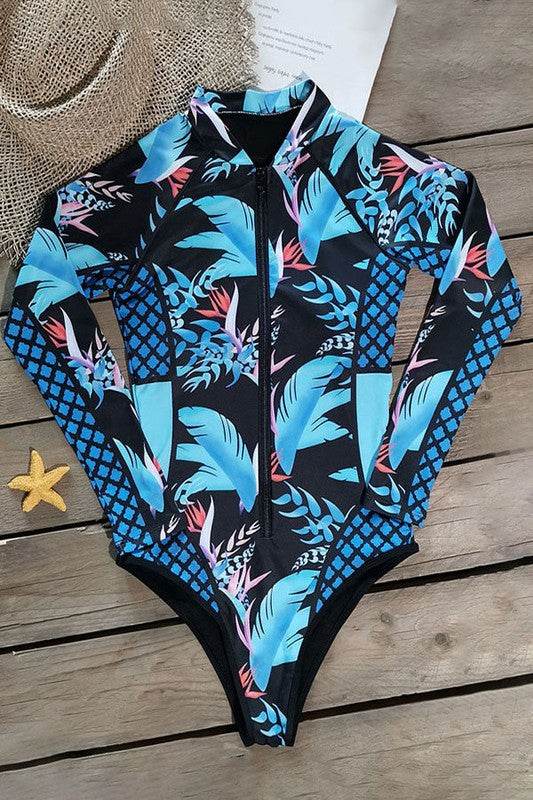 Leaf Printed Long Sleeve Half Zip UPF50 Rash Guard