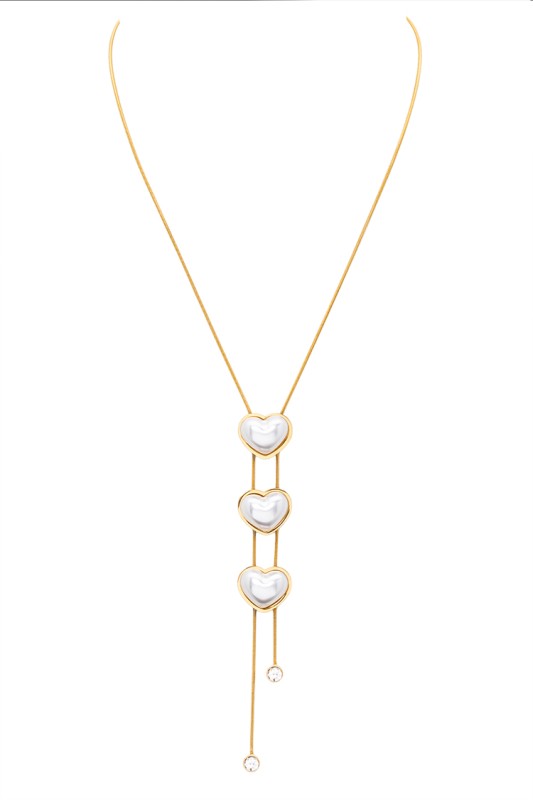 Faux Pearl Triple Heart Drop Pendant Necklace