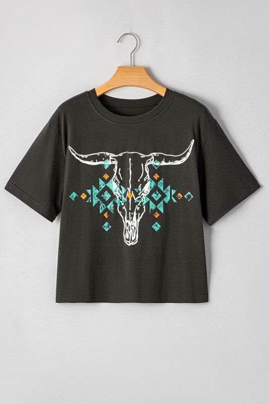 Bull Head Skull Turquoise Aztec Graphic T Shirt
