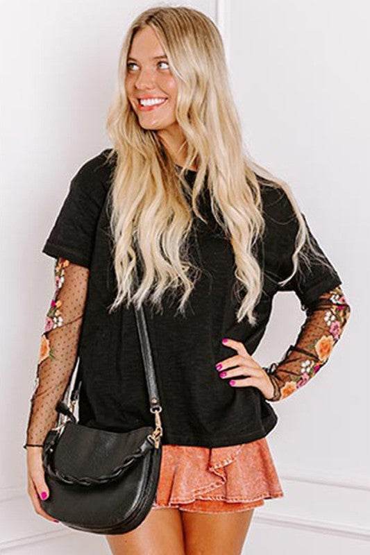 Faux Two Piece Floral Long Sleeve Patchwork Tee