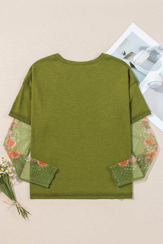 Faux Two Piece Floral Long Sleeve Patchwork Tee