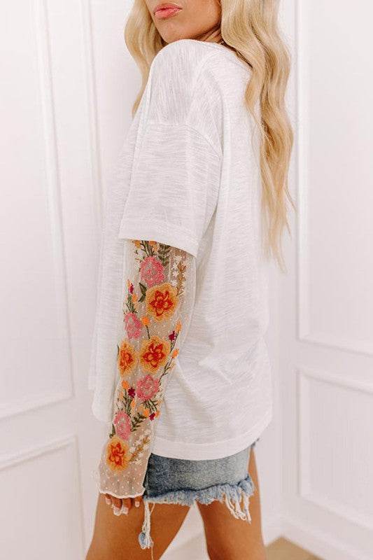 Faux Two Piece Floral Long Sleeve Patchwork Tee