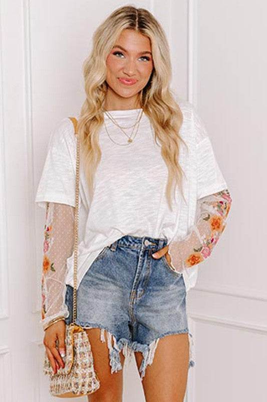 Faux Two Piece Floral Long Sleeve Patchwork Tee