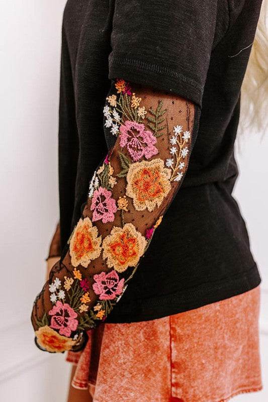 Faux Two Piece Floral Long Sleeve Patchwork Tee