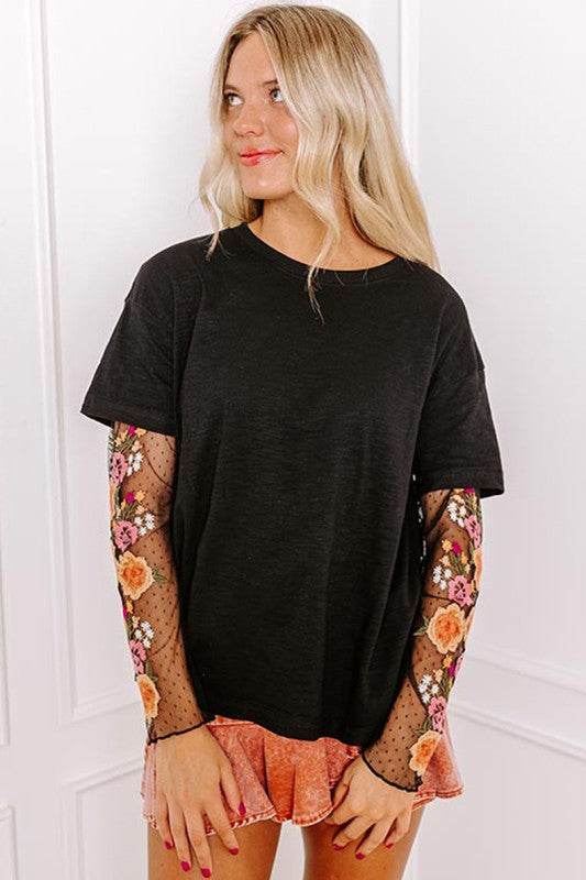 Faux Two Piece Floral Long Sleeve Patchwork Tee