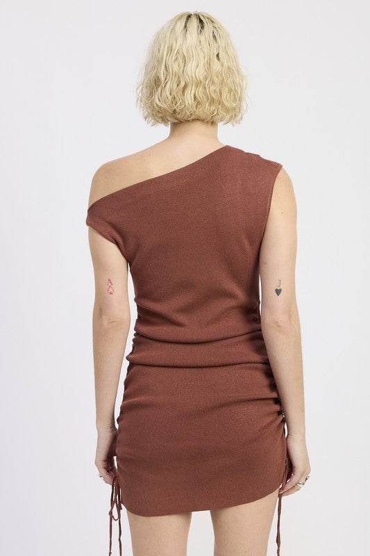 OFF SHOULDER MINI DRESS WITH DRAWSTRINGS