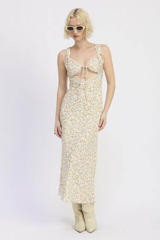 DITSY PRINT MIDI DRESS WITH CUTOUT AND LACE TRIM