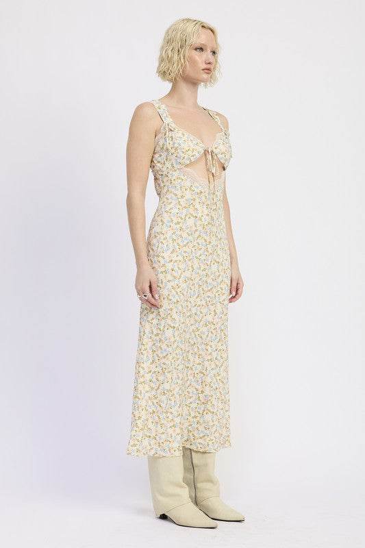 DITSY PRINT MIDI DRESS WITH CUTOUT AND LACE TRIM