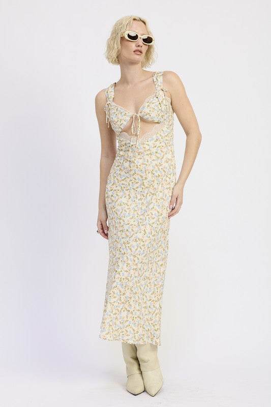 DITSY PRINT MIDI DRESS WITH CUTOUT AND LACE TRIM