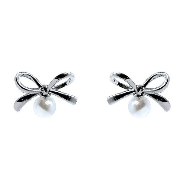 Bow Ribbon w Faux Pearl Stud Earrings