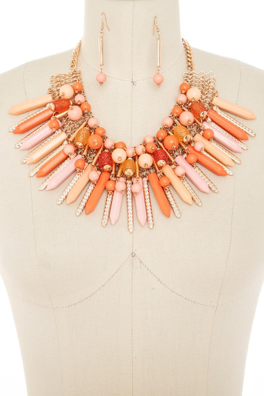 Mix Beads Crystal Bars Statement Necklace Set
