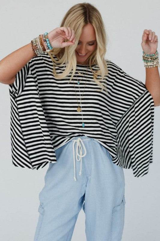 Cotton Black Striped Batwing Sleeve Oversized Top